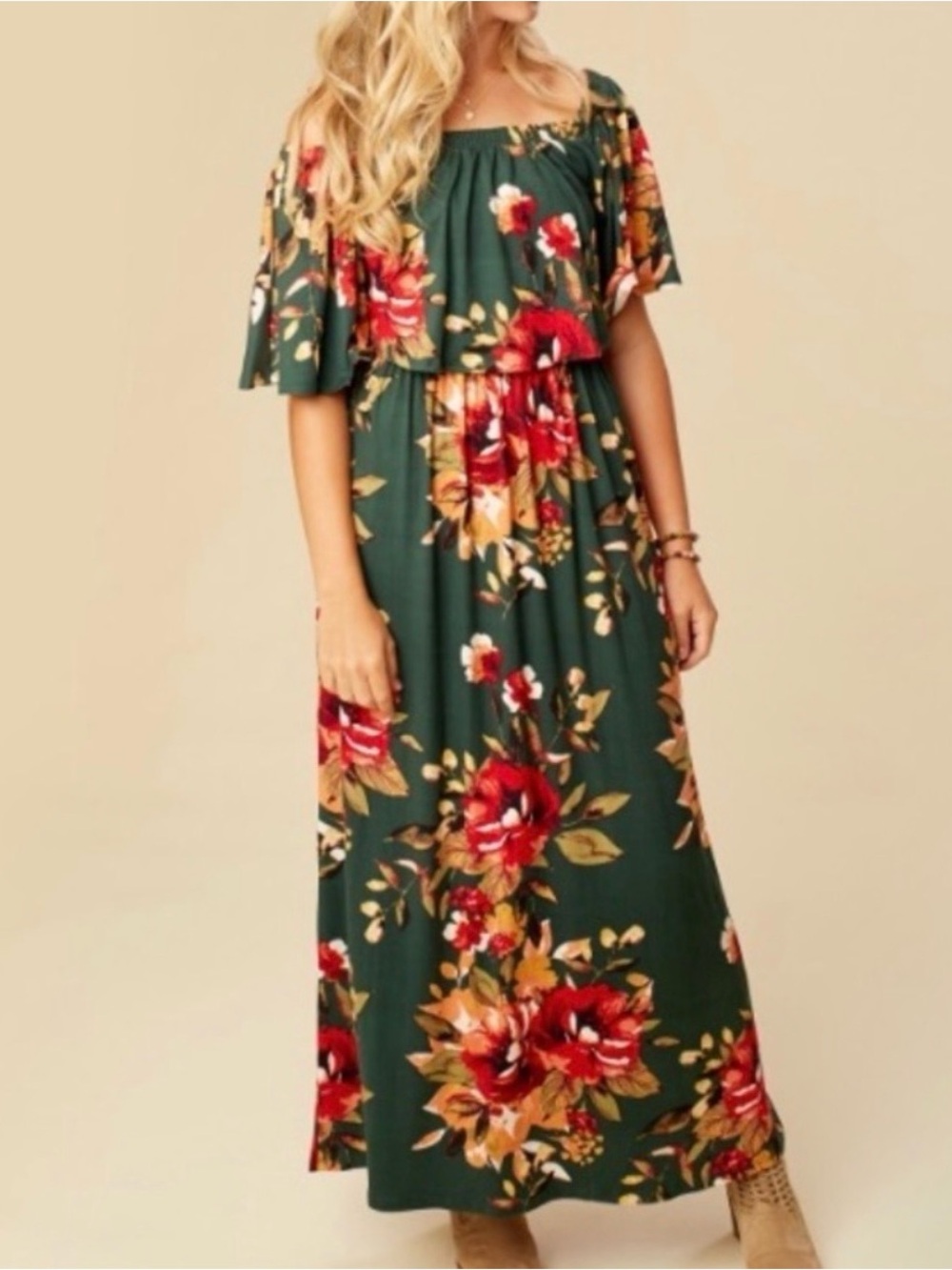 Altar’d State Green Floral Off Shoulder Boho Maxi Dress Size Large L